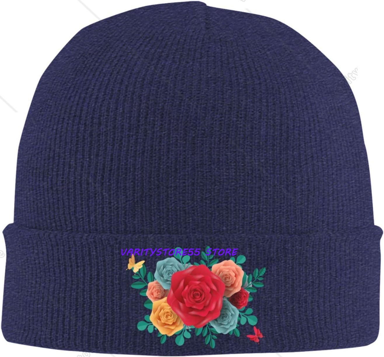 Beanie Cuffed Knit - Berretto invernale colorato con rose, per